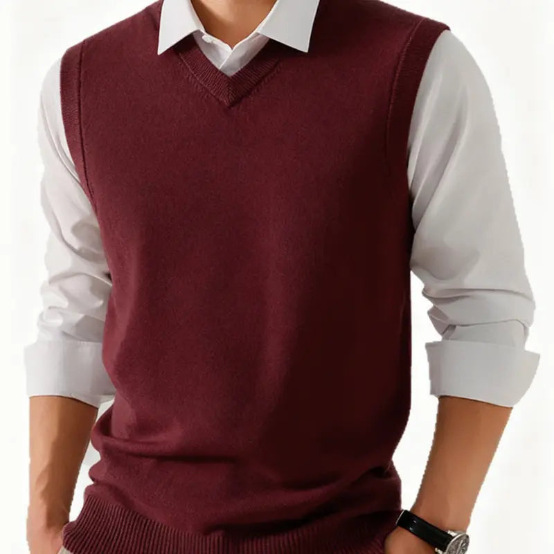 Men's Preppy V-Neck Soft Knit Vest - Layerable Sweater Vest, Polyester, Spring/Autumn Business Casual Sleeveless Menswear Basic Top
