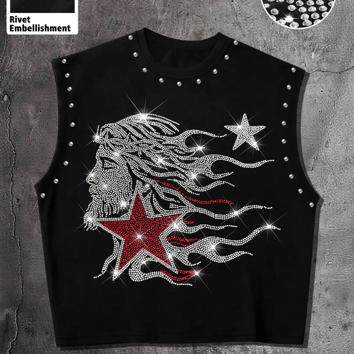 Men's Casual Oversized Tank Top, Base with Rhinestone Portrait Flame Star Pattern, Regular Fit, Ideal for Sports and Daily Wear