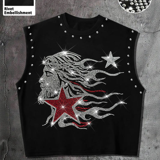 Men's Casual Oversized Tank Top, Base with Rhinestone Portrait Flame Star Pattern, Regular Fit, Ideal for Sports and Daily Wear