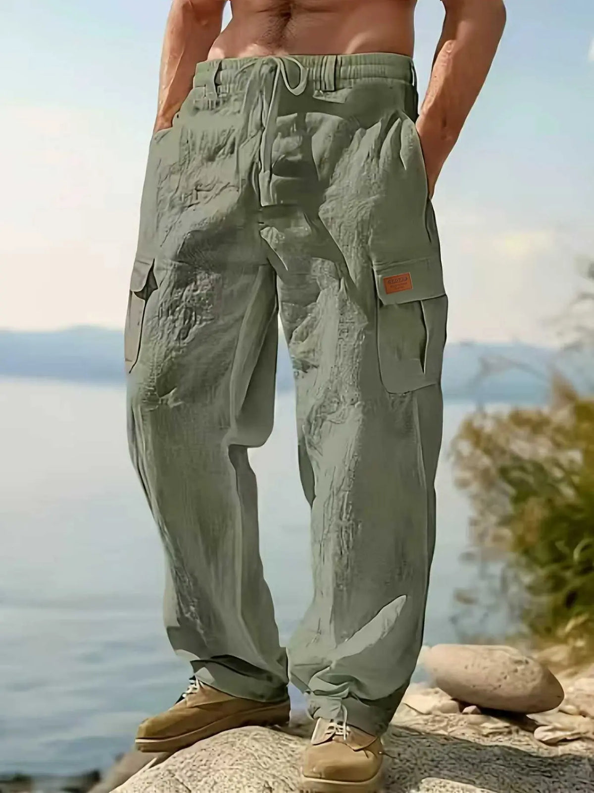 Men's Linen Cargo Style Pants Trouser with Drawstring Waist, Multiple Pockets, Straight Leg, Breathable Outdoor Beach Casual Long Pants, Breathable Casual Trousers