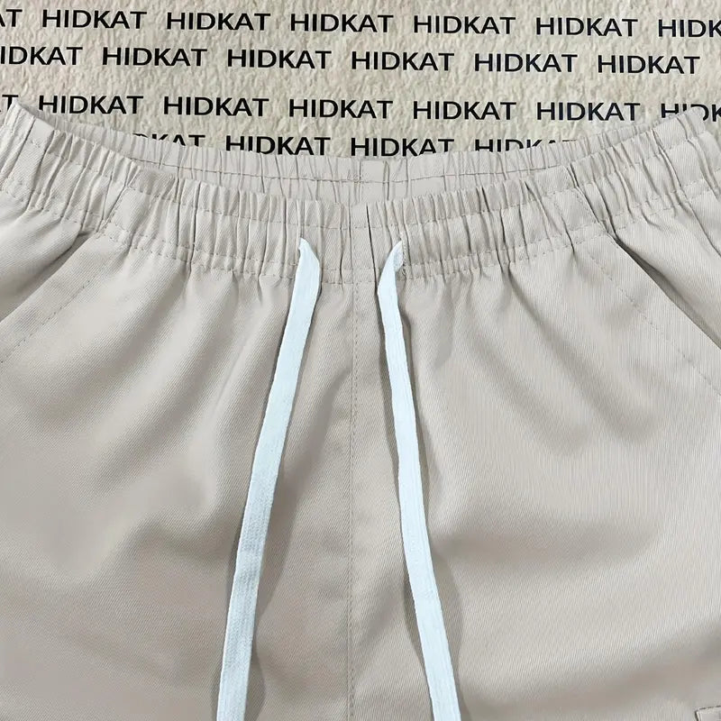 Men's plus size summer work pants elastic drawstring waist circumference, multiple pockets and letter patches, regular mid waist non elastic fabric, opaque, suitable for daily and casual wear, Father's Day gift casual pants for summer