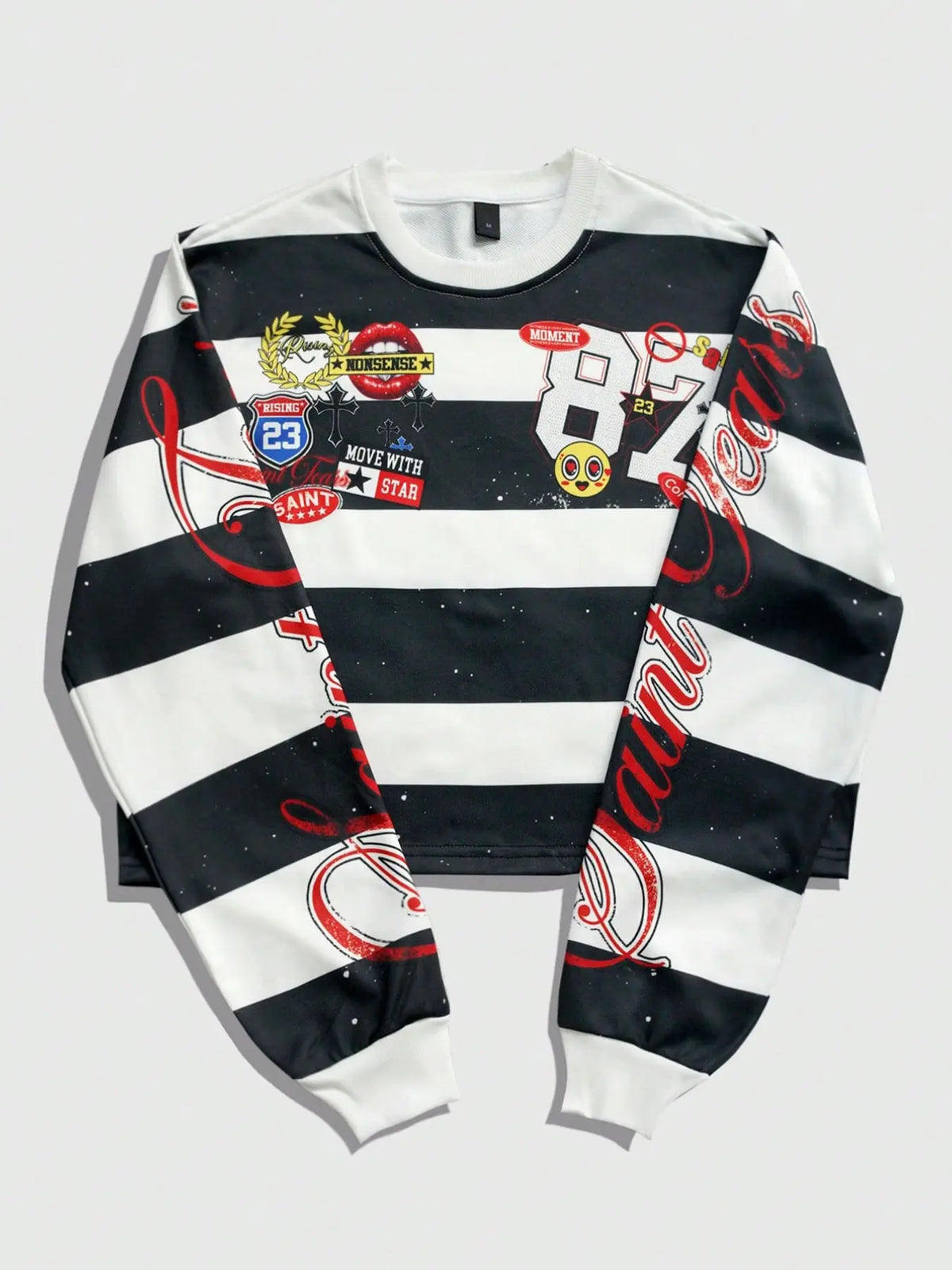 Unisex Eye Print Long Sleeve Sweatshirt, Black and White Striped Lightweight Crew Neck Top for Spring & Fall, Loose Fit Vintage Streetwear, Casual Print Clothes