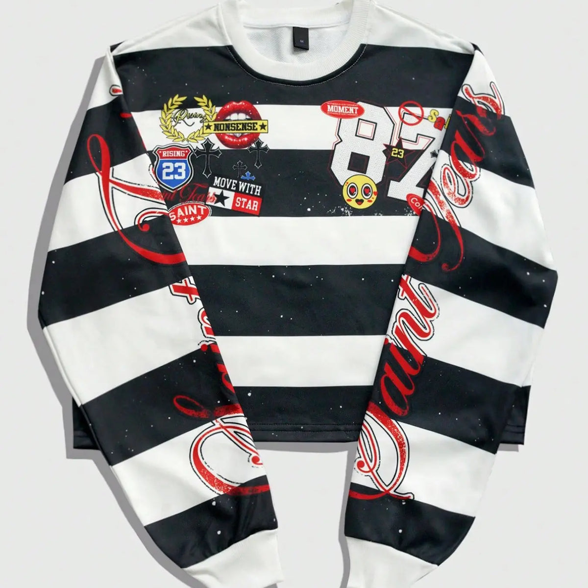 Unisex Eye Print Long Sleeve Sweatshirt, Black and White Striped Lightweight Crew Neck Top for Spring & Fall, Loose Fit Vintage Streetwear, Casual Print Clothes