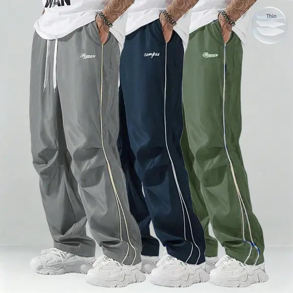 Father’s Day Gift Men’s Spring/Autumn Pants Set (1–3 pieces) | Lightweight & Soft | Side Gold Stripes | Loose Straight Fit | Street Style / Fitness / Casual Vibe | Black/Gray + Multiple Colors