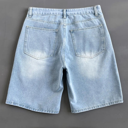 Men's Colorblock Letter Print Denim Clothing Mid Waist Shorts, Light Wash, Denim Streetwear, Casual Fashion Paint Splatter Shorts for Summer, Men's Bottoms for Daily Wear, Menswear