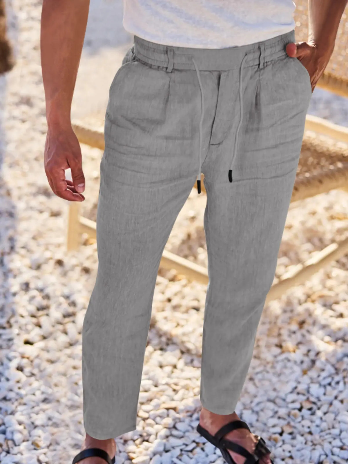 Men's Linen Pants, Fashion Trousers, Pocket Drawstring Solid Color Plain Hip Hop Beach Sports Wide Leg Long Pants, Comfortable Versatile All-Season Wear