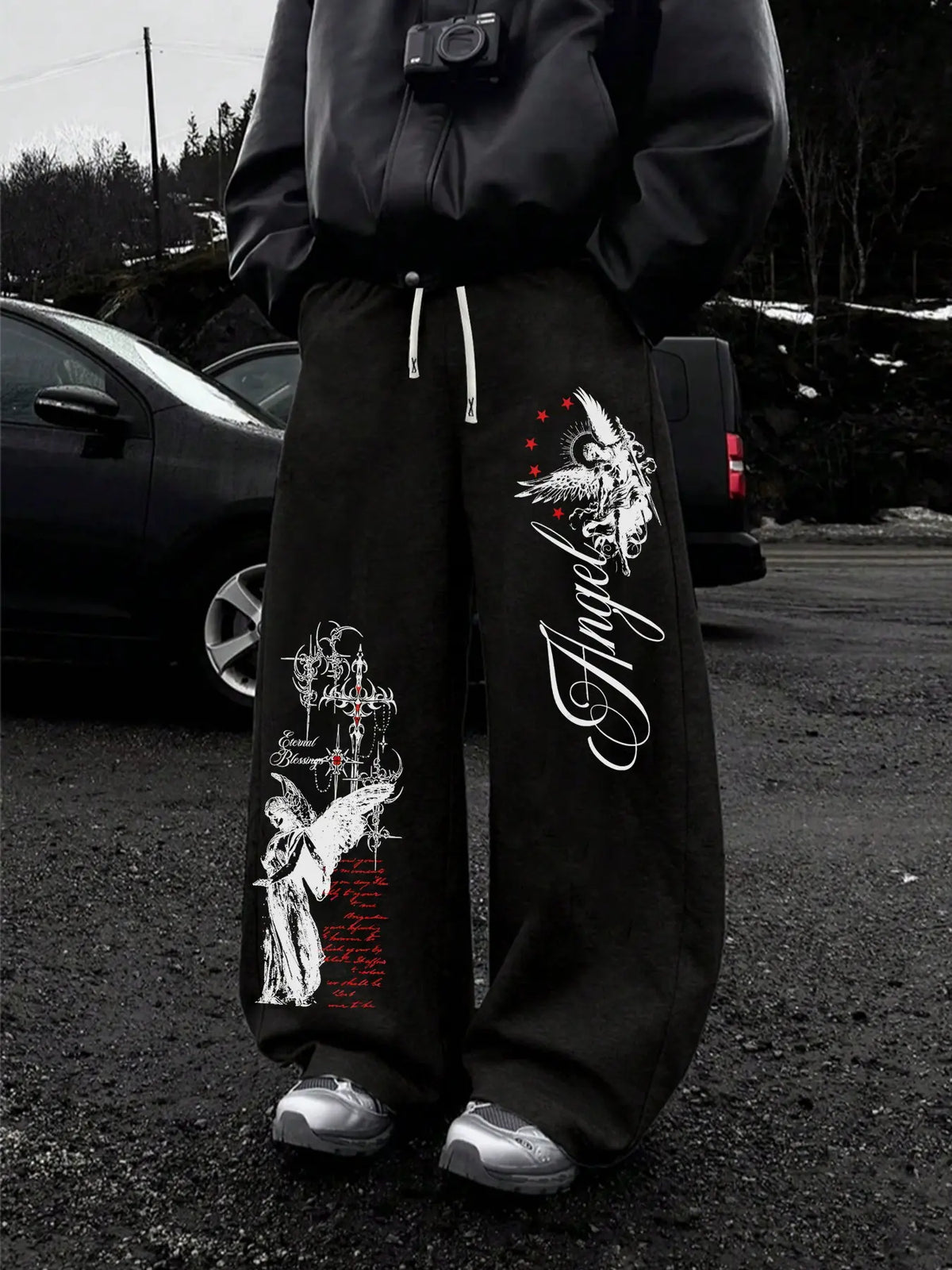 Dark Punk Angel Sword Printed Wide Leg Pants, High Street Drawstring Loose Straight Leg Sweatpants, Casual Lounge Pants for Men and Women, Unisex Spring & Fall Casual Fitted, Casual Streetwear Trousers, Autumn Casual Pants