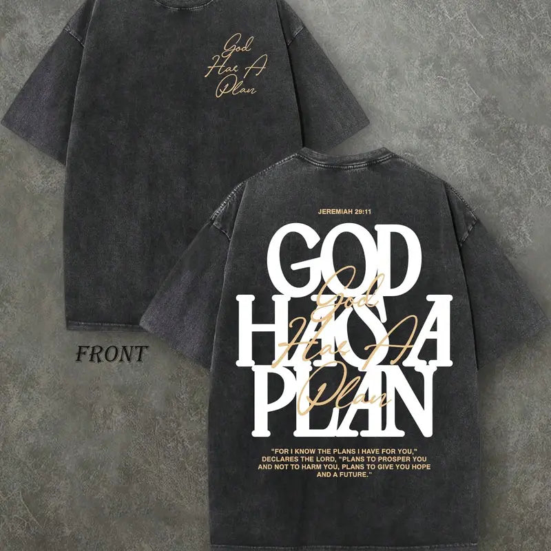 Vintage Washed "God Has a Plan" Double-Sided Print Tee | 230gsm Heavyweight Christian Streetwear, Unisex Wide-Shoulder Fit, High-Quality Cotton Casual Top for Men & Women