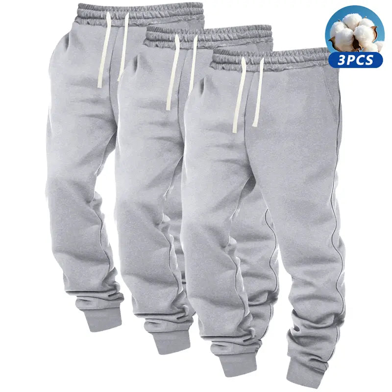3pcs Men's Solid Cuffed Sweatpants - Elastic Waist Drawstring, Outdoor Fitness Running Daily Wear Pants
