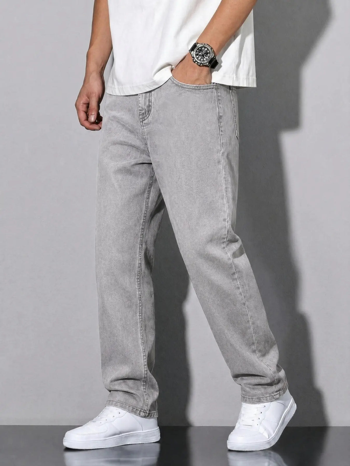 Unisex Solid Color Plain Minimalist Straight-Leg Jeans with Slant Pockets, Cotton Jeans, Casual Versatile Washed Denim Pants, Couple Straight Fit Trousers