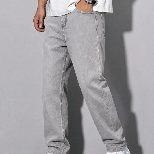 Unisex Solid Color Plain Minimalist Straight-Leg Jeans with Slant Pockets, Cotton Jeans, Casual Versatile Washed Denim Pants, Couple Straight Fit Trousers