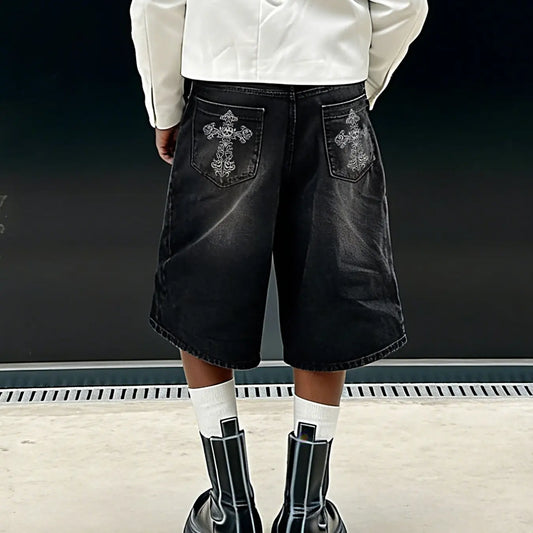 Men's Loose Fit Hip-Hop Casual Denim Shorts, Summer Shorts, Embroidered Denim Shorts, Vintage Washed Denim Shorts, Ideal for Outdoor Activities