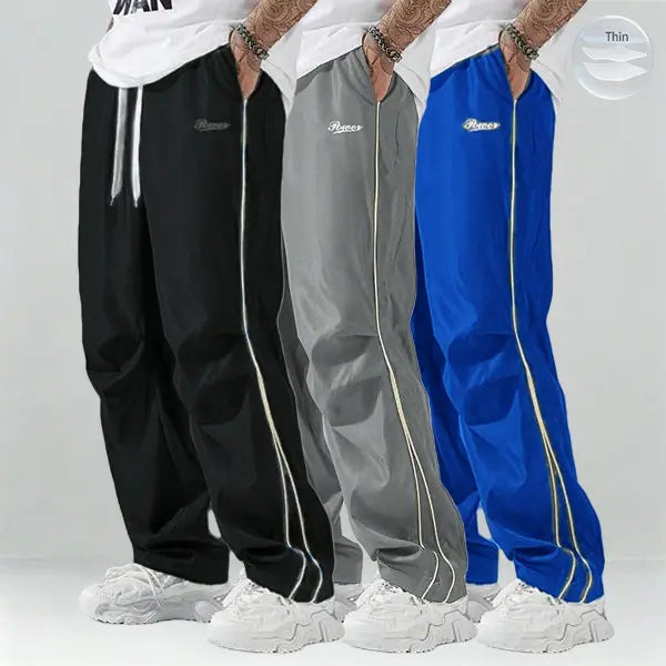 Father’s Day Gift Men’s Spring/Autumn Pants Set (1–3 pieces) | Lightweight & Soft | Side Gold Stripes | Loose Straight Fit | Street Style / Fitness / Casual Vibe | Black/Gray + Multiple Colors