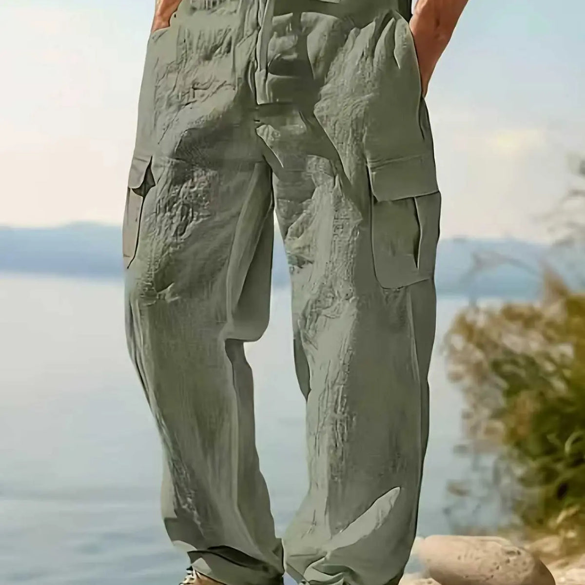 2026 Fashion Comfy Men's Linen Cargo Trouser Pants for Outdoor Beach, Drawstring Multi-Pocket Straight Leg Breathable Classic Casual Long Pants