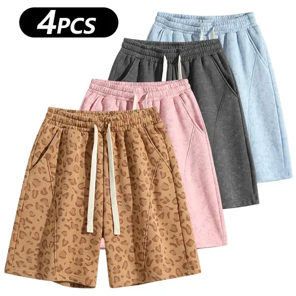 Men's Cotton Blend Sweat Shorts Casual Athletic Lounge, Loose Fit Drawstring with Pockets, Leopard Print Acid Wash, for Summer Workouts, Streetwear & Gym-to-Lounge