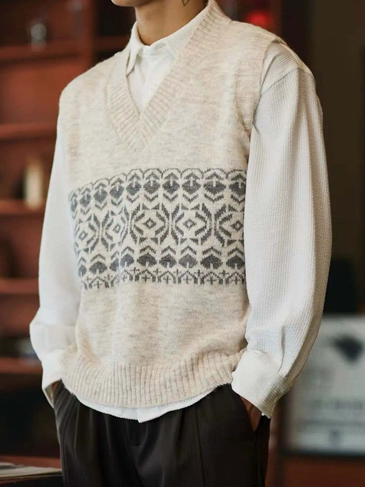 Men's Embroidered V-Neck Knit Vest, Loose College Style Sleeveless Sweater Vest, Vintage Geometric Pattern Fall Layering Cardigan