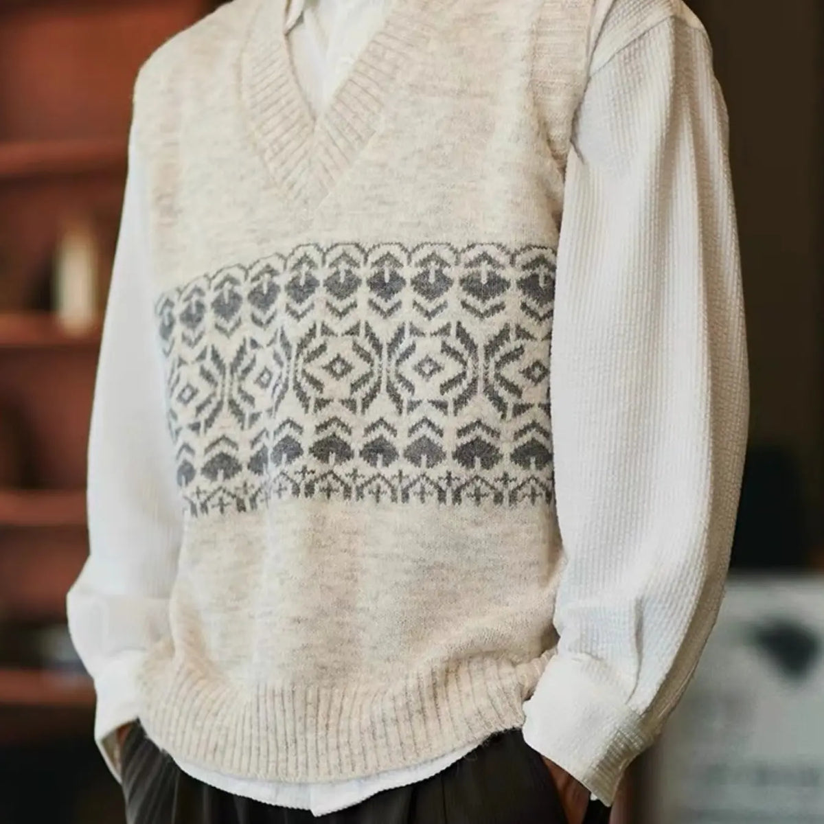 Men's Embroidered V-Neck Knit Vest, Loose College Style Sleeveless Sweater Vest, Vintage Geometric Pattern Fall Layering Cardigan