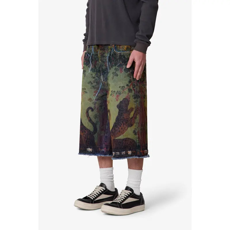 mnml Ultra Baggy Leopard Denim Shorts - Multi Vintage Sublimation