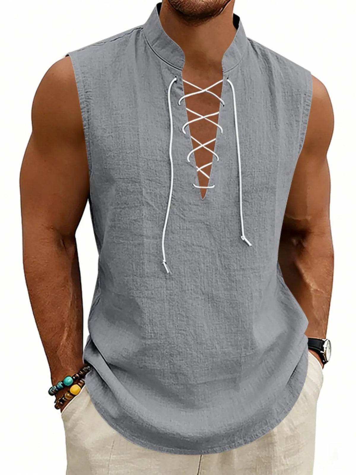 2026 Summer Men's Viking Medieval Drawstring Linen Vest, Open Front Vest, Loose Fit, Breathable, Sleeveless, Casual Style, Plain Pattern, No Collar, No Zipper