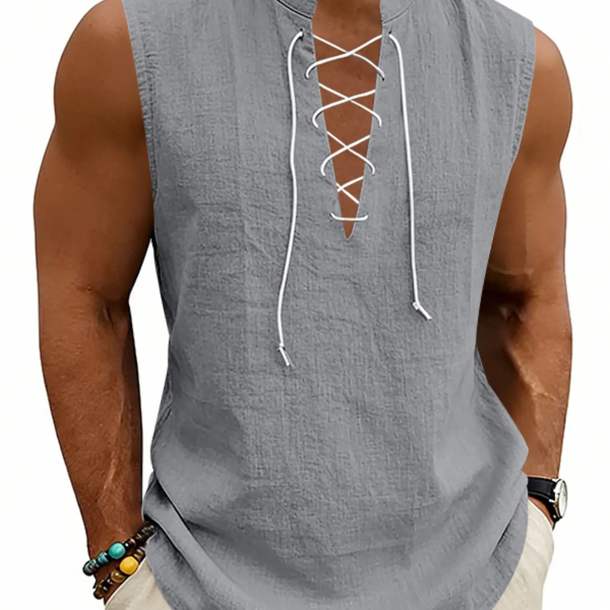 2026 Summer Men's Viking Medieval Drawstring Linen Vest, Open Front Vest, Loose Fit, Breathable, Sleeveless, Casual Style, Plain Pattern, No Collar, No Zipper