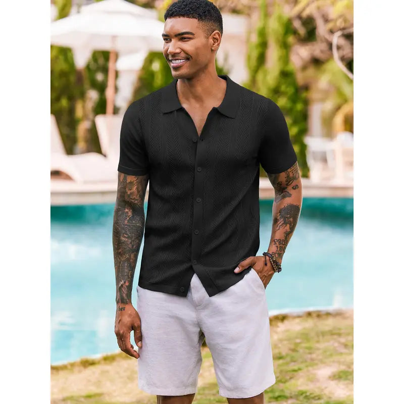 COOFANDY Mens Knit Button Down Shirts Short Sleeve Vintage Polo Shirt Casual Vacation Beach Shirts