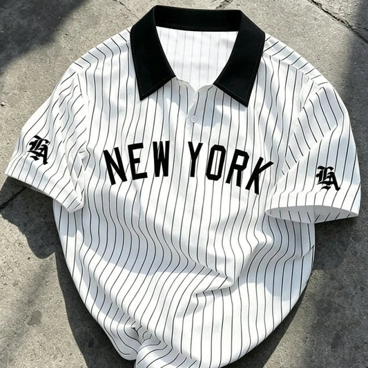 Men's Retro Vintage New York Print Striped Polo Shirt, Loose-Fit Colorblock Collar Short Sleeve Design, Trendy Casual Street Baseball Style Summer Top, Summer Polos, Summer Polo Shirts