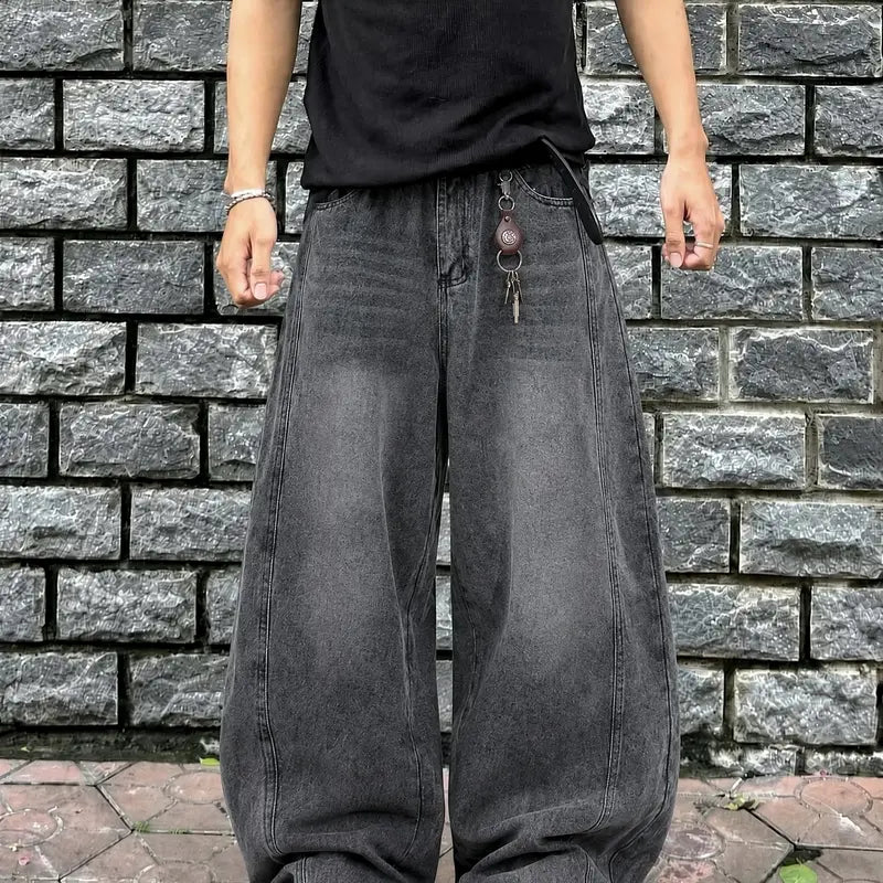 Men's Plain Baggy Denim Jeans - 90s-2000s Retro Vintage Clothing, Washed Charcoal Black Rigid Cotton, Oversized Loose-Fit Streetwear, Male All-Season Breathable, Raw Wash Vertical Paneled Seams, Sandblasted Whisker Fade