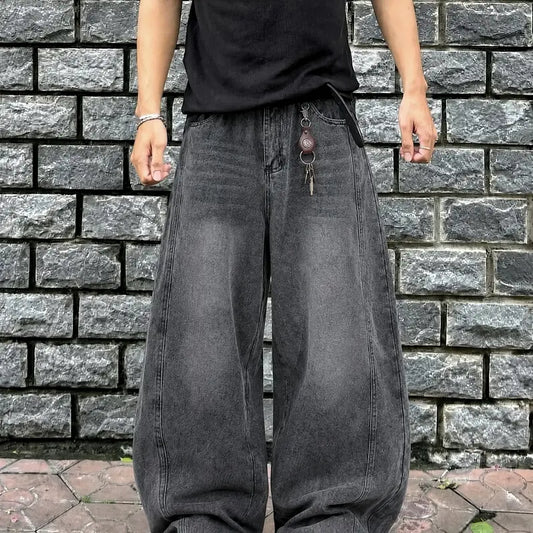 Men's Plain Baggy Denim Jeans - 90s-2000s Retro Vintage Clothing, Washed Charcoal Black Rigid Cotton, Oversized Loose-Fit Streetwear, Male All-Season Breathable, Raw Wash Vertical Paneled Seams, Sandblasted Whisker Fade