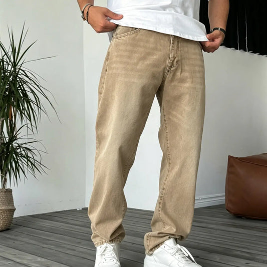 European and American Classic Style Clean Fit Casual Fashion Denim Jeans, Vintage Washed Loose Straight Leg Pants, Casual All-Season Wear
