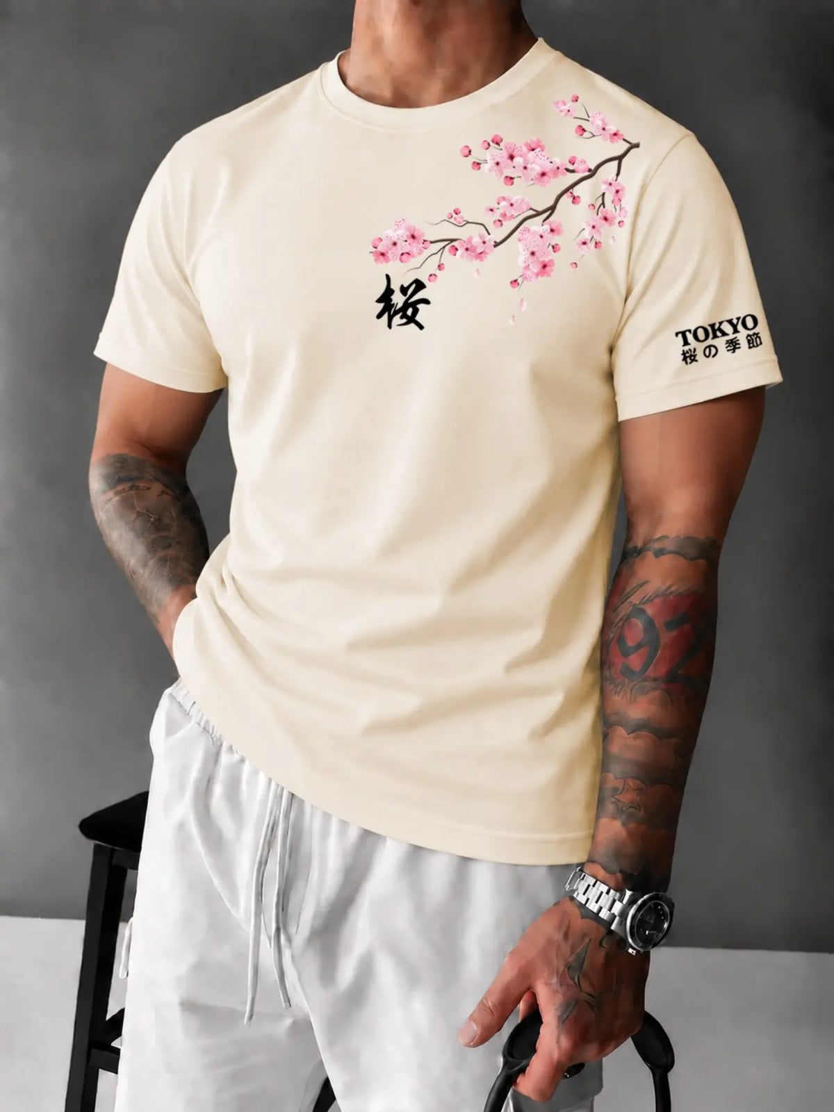 Men's Tokyo Cherry Blossom Fitted T‑Shirt, Casual Japanese Streetwear Tee, Breathable Soft Summer Top#CherryBlossomTee #TokyoStreetwear #JapanesePrintTShirt #FittedTee #TikTokMadeMeBuyIt #StreetwearFashion #SummerTees