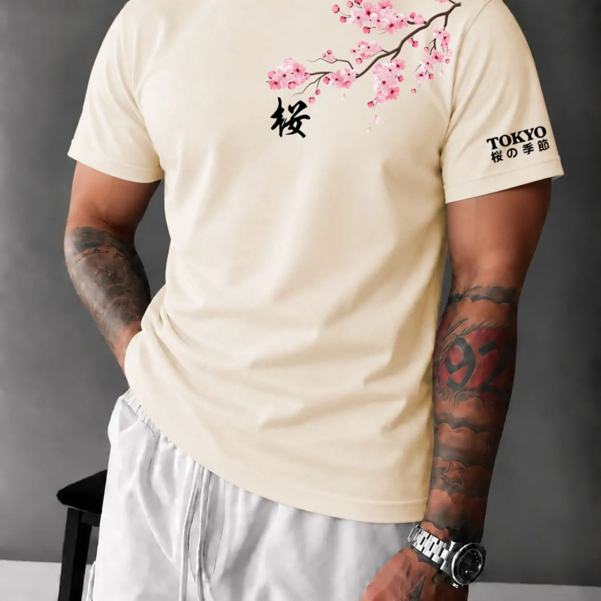 Men's Tokyo Cherry Blossom Fitted T‑Shirt, Casual Japanese Streetwear Tee, Breathable Soft Summer Top#CherryBlossomTee #TokyoStreetwear #JapanesePrintTShirt #FittedTee #TikTokMadeMeBuyIt #StreetwearFashion #SummerTees