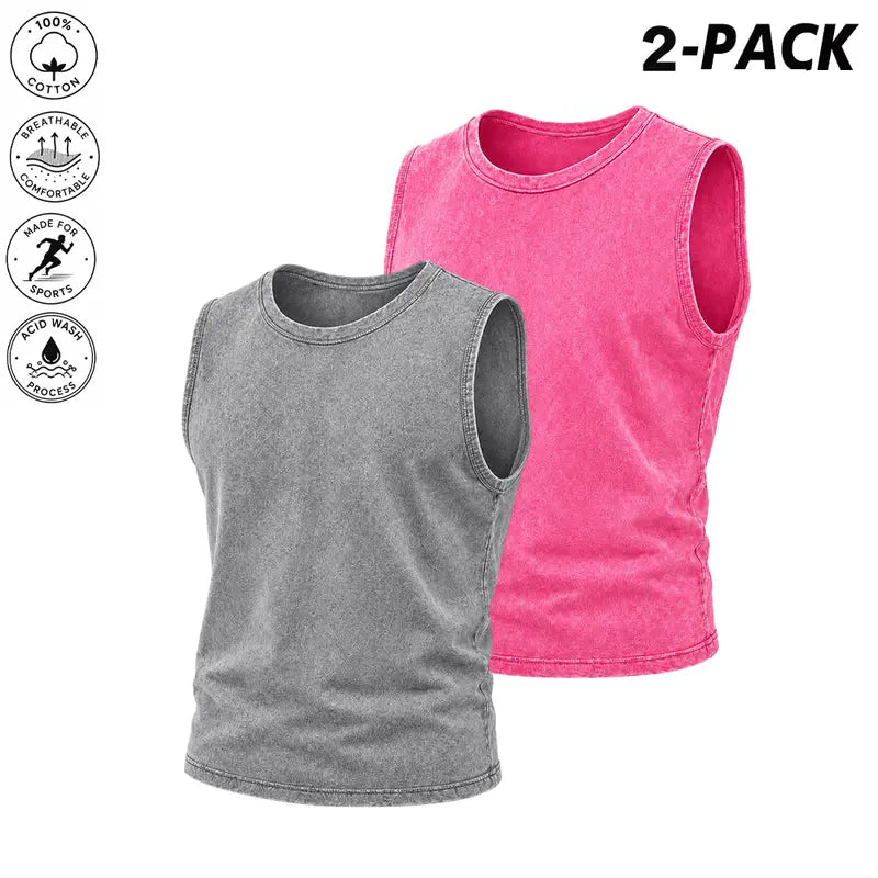 2-pack acid-wash tank tops — unisex sleeveless cotton muscle T-shirts and loose retro street-style cropped tops, suitable for summer layering and casual wear