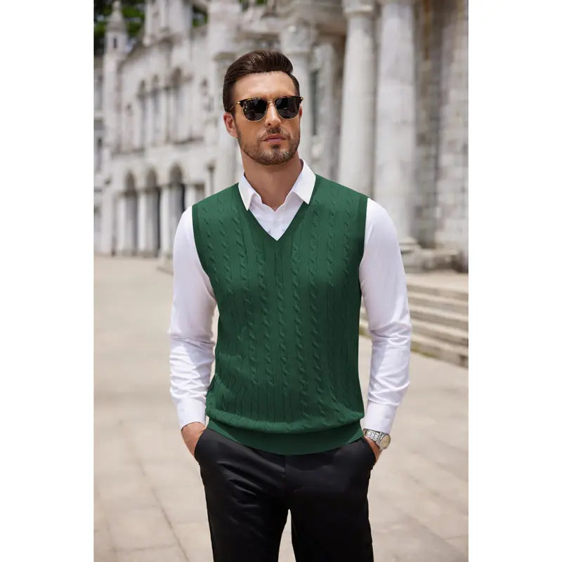 COOFANDY Menswear Men's V-Neck Slim-Fit Ribbed Cable-Knitted Sleeveless Pullover Sweater Vest, Stretchable Soft Lightweight Polyester Fabric, Machine Washable US Sizes, Formal-Casual Thermal Tops for Business Office