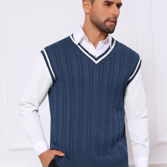 INSPIRE CHIC Men's Solid Color V-Neck Sleeveless Cable Knitted Sweater Vest