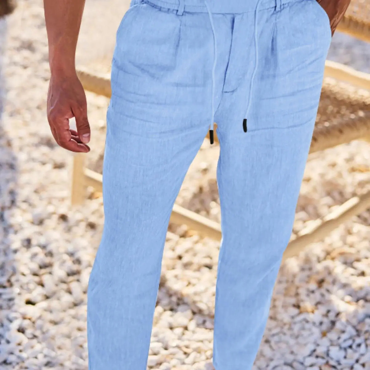 Men's Linen Pants, Fashion Trousers, Pocket Drawstring Solid Color Plain Hip Hop Beach Sports Wide Leg Long Pants, Comfortable Versatile All-Season Wear