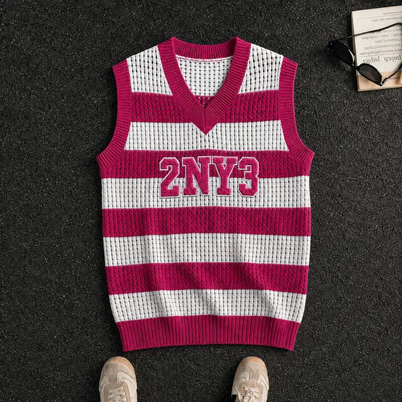 HYPESTFIT Men’s Striped Patchwork Knit V-Neck Sleeveless Open-Weave Lightweight Sweater Vest - Summer Casual Streetwear Top