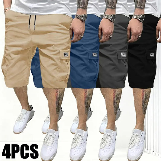 Men's Wear 4-Pack Assorted Plain Solid-Color Cargo Shorts, High-Stretch Polyester Activewear with Flap Pockets, 4-Way Stretch Casual Outdoor Work Bottoms (Khaki, Blue, Gray, Black Shorts)