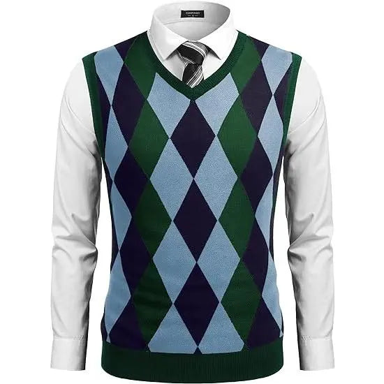 Fall Outfits Men's V-Neck Sleeveless Argyle Sweater Vest Slim Fit Casual Knitted Pullover for Spring Autumn Winter Office Wear & Party Events