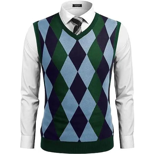 Fall Outfits Men's V-Neck Sleeveless Argyle Sweater Vest Slim Fit Casual Knitted Pullover for Spring Autumn Winter Office Wear & Party Events