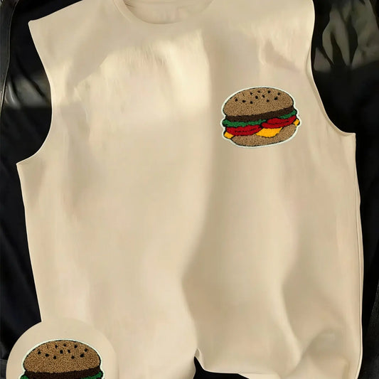 American Retro Cute Burger Flocking Patch Sleeveless Vest, Unisex Loose Fit, Long Top for Daily Wear, Graphic Pattern, Plain Surface