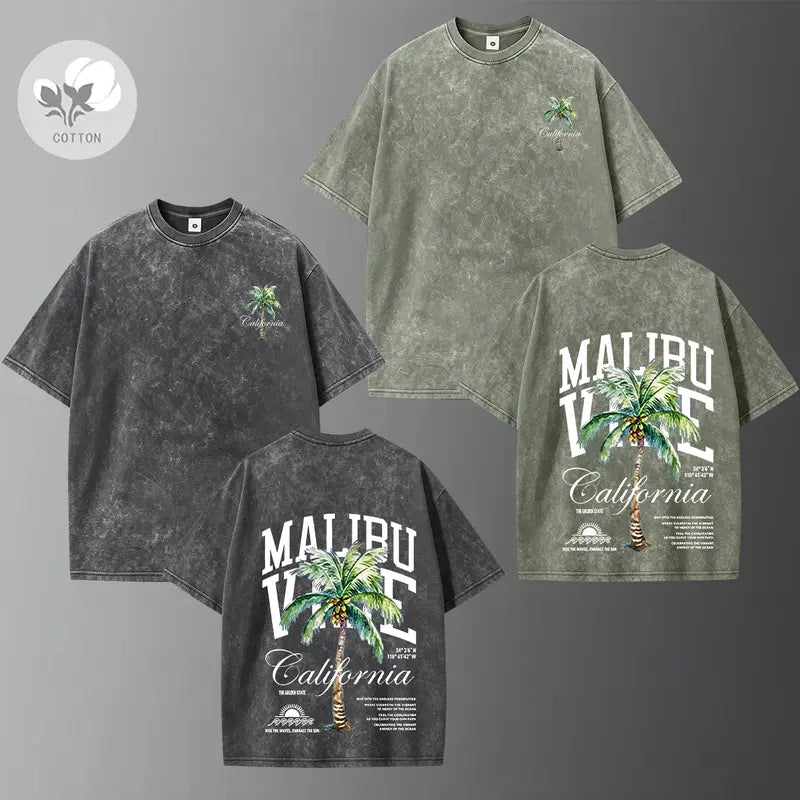 Men’s Retro Street Style Lightweight Cotton Short-Sleeve T-Shirt - Palm Tree Print, Washed Distressed Design, Good Graphic Tees - Suitable for Casual Wear, Sports - Ideal Summer Gifts for Him, Tops, Shortsleeve