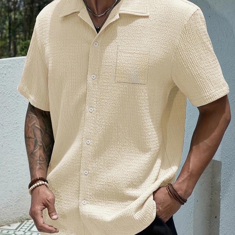 Men's Lightweight Breathable Textured Waffle Camp Collar Button Down Shirt - Wrinkle Resistant Summer Resort Casual Top