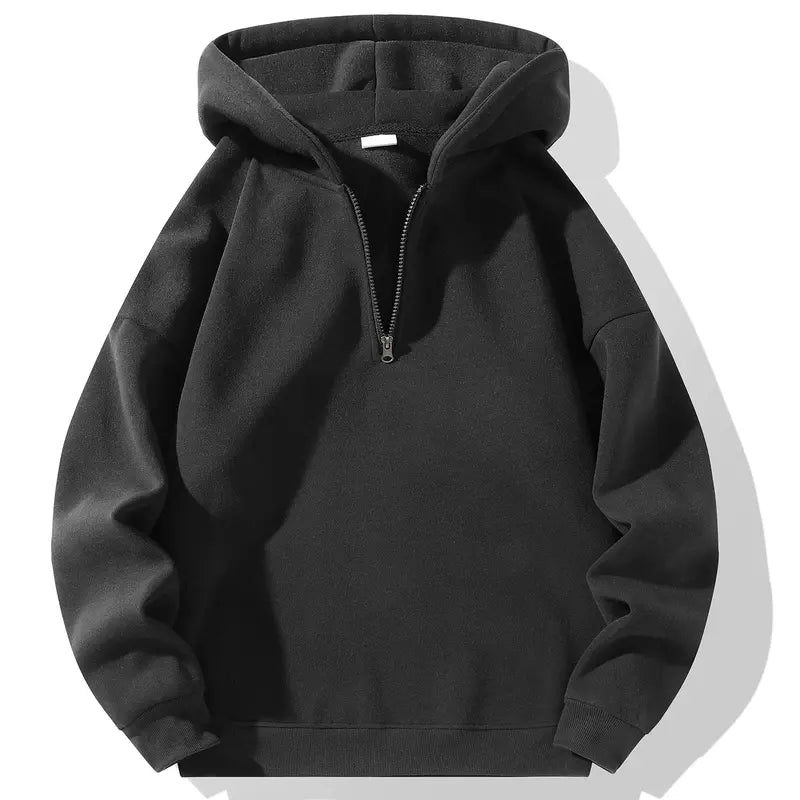 Men’s essential half-zip long-sleeve hoodie — solid color, comfortable, relaxed drop-shoulder fit, loose silhouette, casual street style, 100% polyester fiber, suitable for autumn, modern fashionable men’s top, solid-color men’s sweatshirt