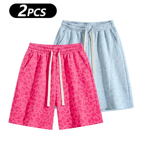 Men's Cotton Blend Sweat Shorts Casual Athletic Lounge, Loose Fit Drawstring with Pockets, Leopard Print Acid Wash, for Summer Workouts, Streetwear & Gym-to-Lounge