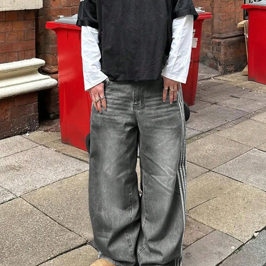 Men's New Fashion Loose Fit Side Stripe Jeans, Casual Versatile Denim Jeans, Stylish Long Straight Leg Jeans for Everyday Wear