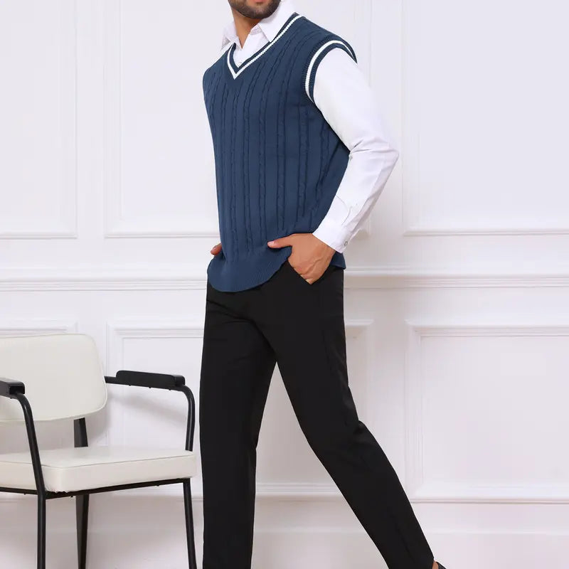 INSPIRE CHIC Men's Solid Color V-Neck Sleeveless Cable Knitted Sweater Vest