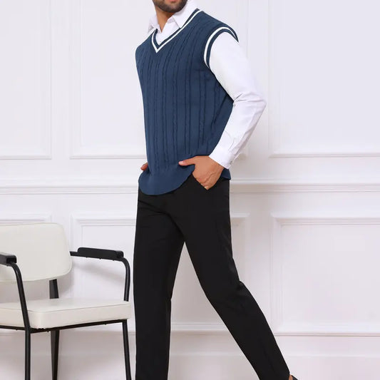 INSPIRE CHIC Men's Solid Color V-Neck Sleeveless Cable Knitted Sweater Vest