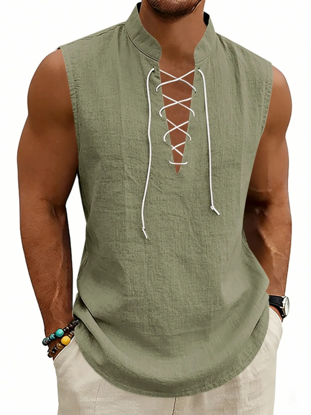 2026 Summer Men's Viking Medieval Drawstring Linen Vest, Open Front Vest, Loose Fit, Breathable, Sleeveless, Casual Style, Plain Pattern, No Collar, No Zipper