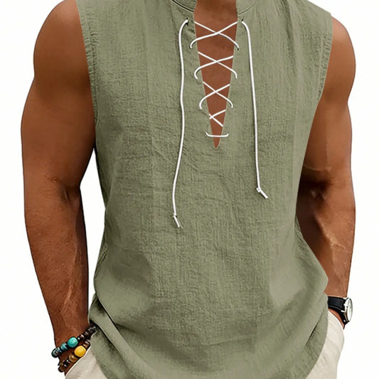 2026 Summer Men's Viking Medieval Drawstring Linen Vest, Open Front Vest, Loose Fit, Breathable, Sleeveless, Casual Style, Plain Pattern, No Collar, No Zipper