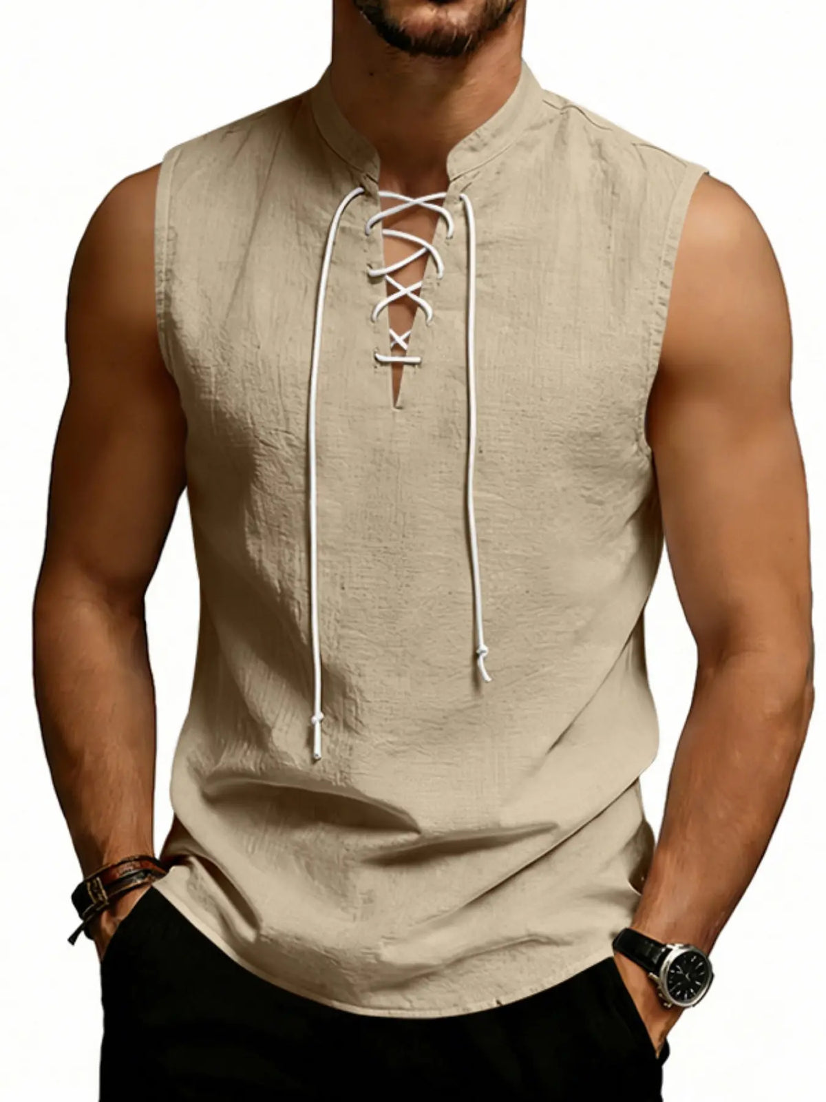 2026 American Summer Loose Men's Viking Medieval Drawstring Linen Breathable Sleeveless Tank Top Vest, Comfortable and Stylish Unisex Design, Loose Fitting Vest
